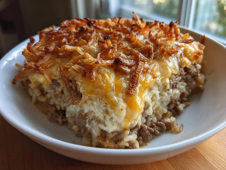 A hearty slice of French onion ground beef and rice casserole topped with melted cheese and crispy fried onions.
