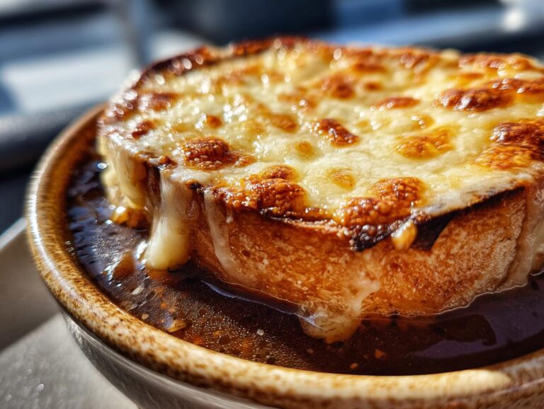 Close-up of a rich french onion soup recipe bowl topped with a thick, browned layer of melted cheese over toasted bread.