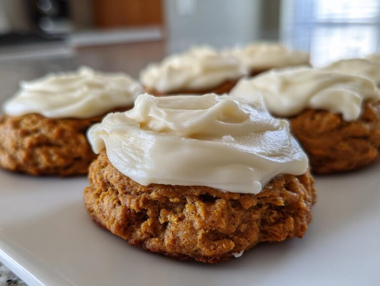 Close-up of a soft, spiced pumpkin cookie topped with thick cream cheese frosting.
