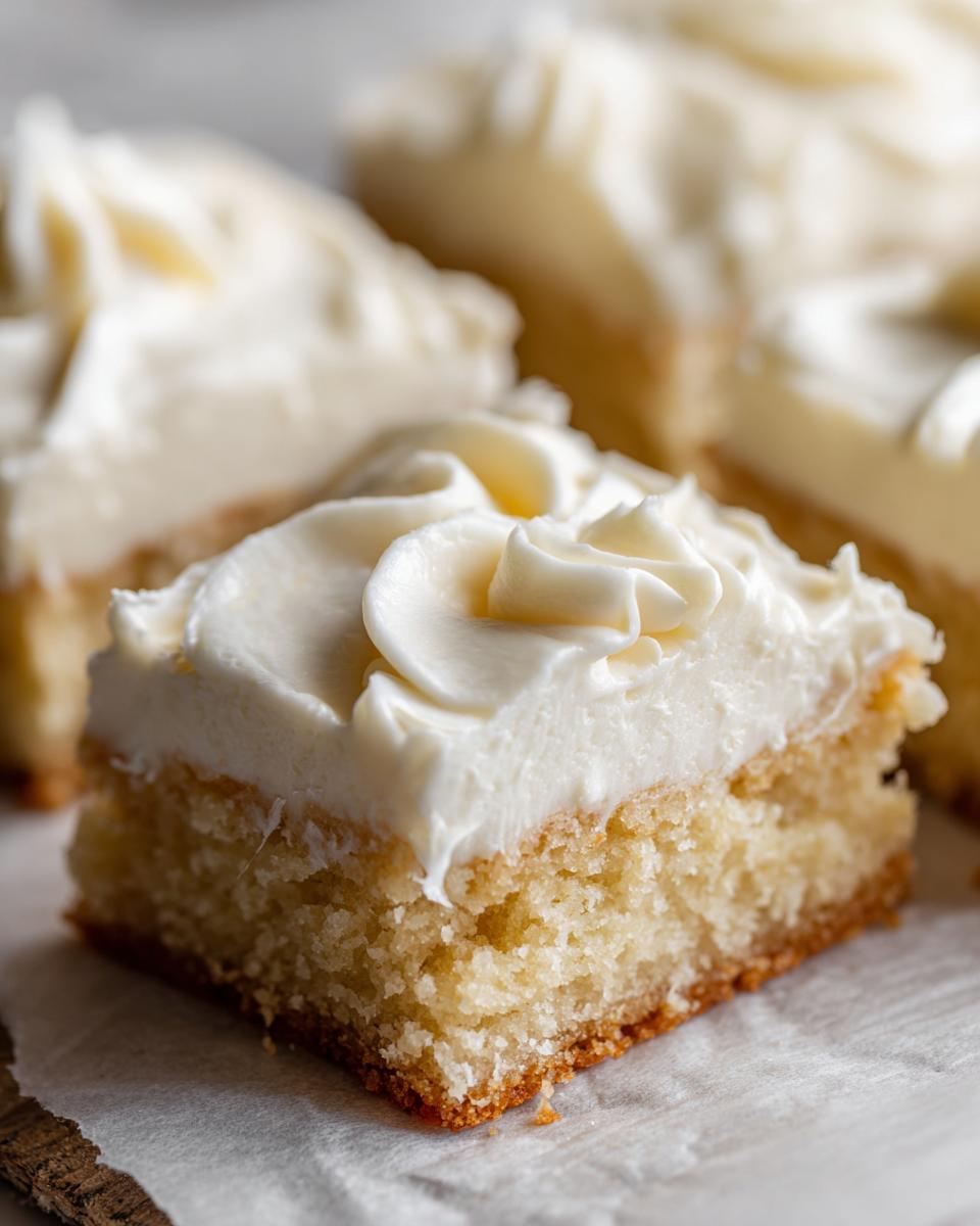 A close-up, focus shot of a square portion of soft sugar cookie bars topped with thick, piped white frosting.