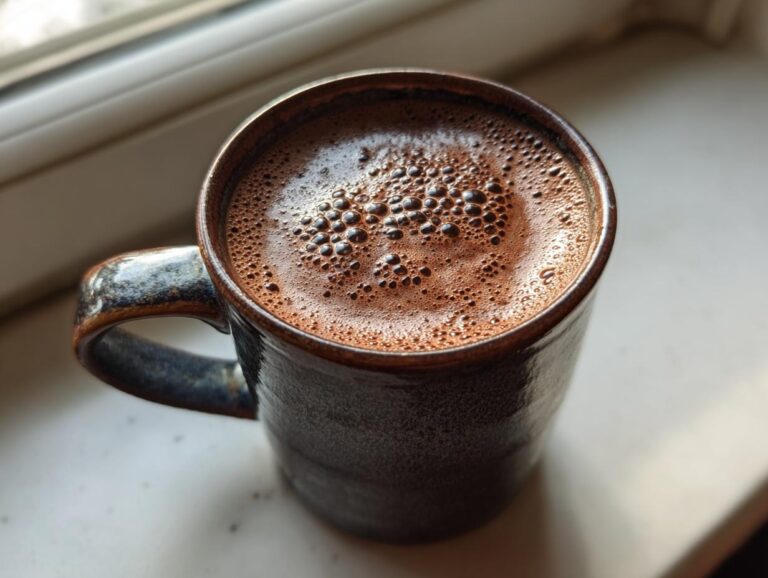 Close-up of a dark, rustic mug filled with rich, frothy mexican hot chocolate next to a window.