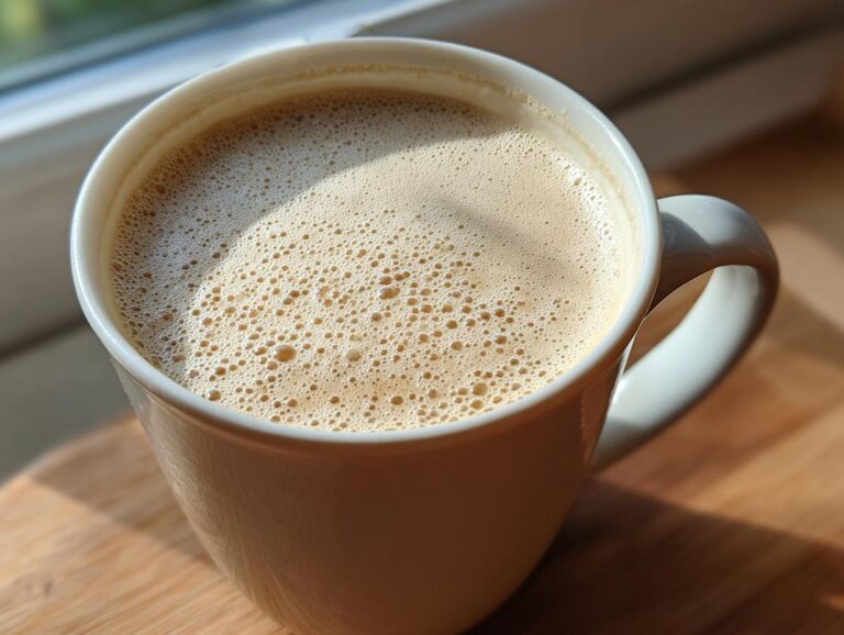 Close-up of a creamy, frothy mug of white hot chocolate sitting in sunlight.