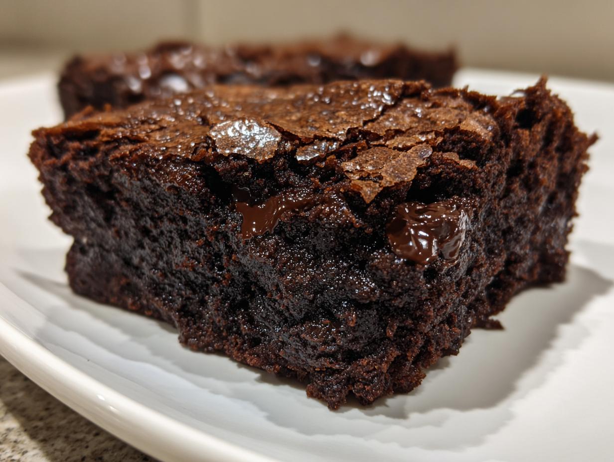 Close-up of a fudgy brownie slice showing a shiny, crackly top and melted chocolate chips. Perfect brownies!