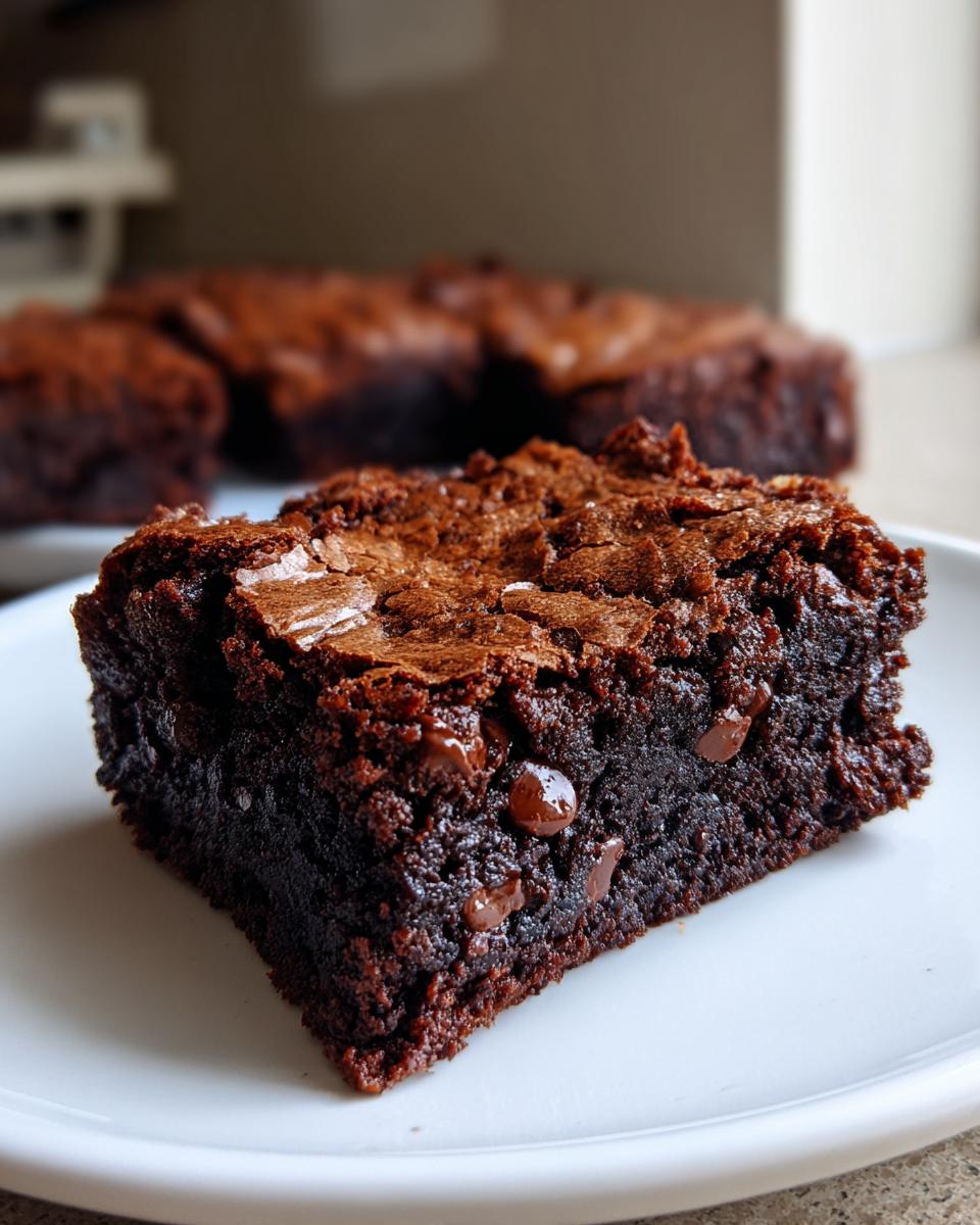A close-up of a fudgy brownie square showing a shiny, cracked top and visible chocolate chips inside.