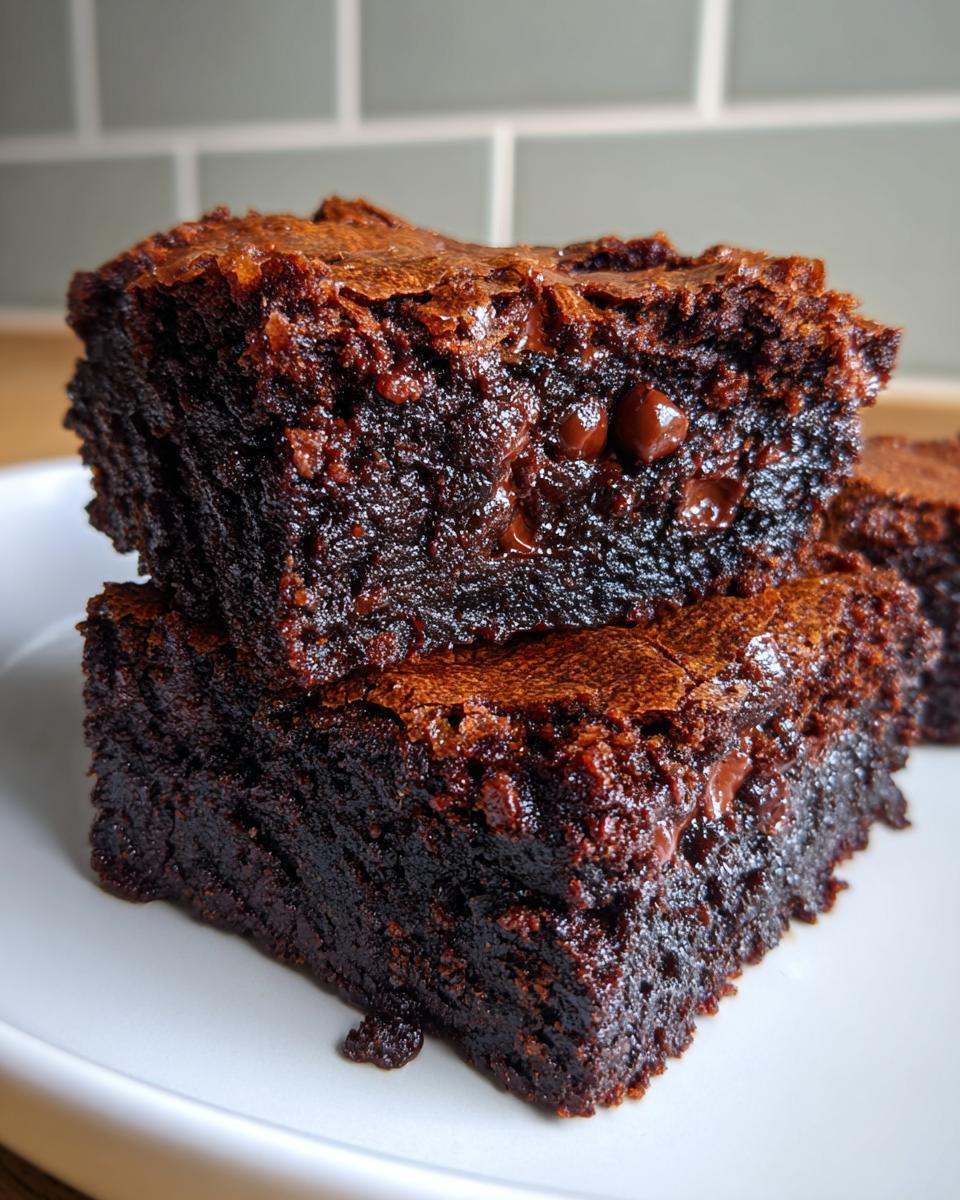 Two thick, fudgy brownies stacked on a white plate, showcasing their shiny crust and melted chocolate chips.
