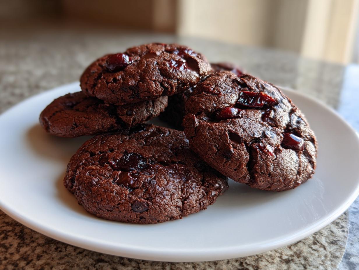 A close-up of several fudgy chocolate cherry cookies piled on a white plate.