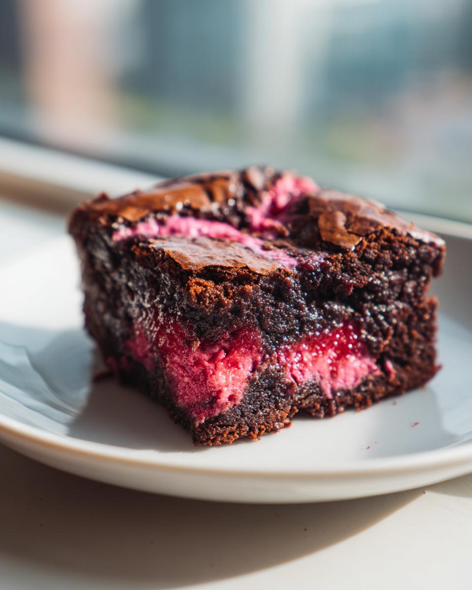 Close-up of a fudgy strawberry brownie slice featuring a vibrant pink, fruity center, served on a white plate.