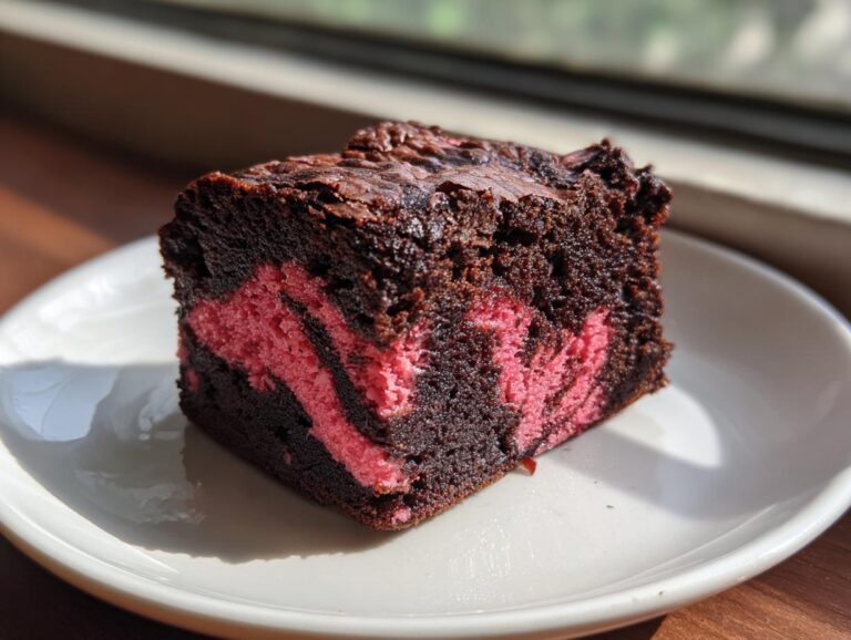 A close-up of a fudgy strawberry brownie square showing rich chocolate cake swirled with bright pink strawberry batter.
