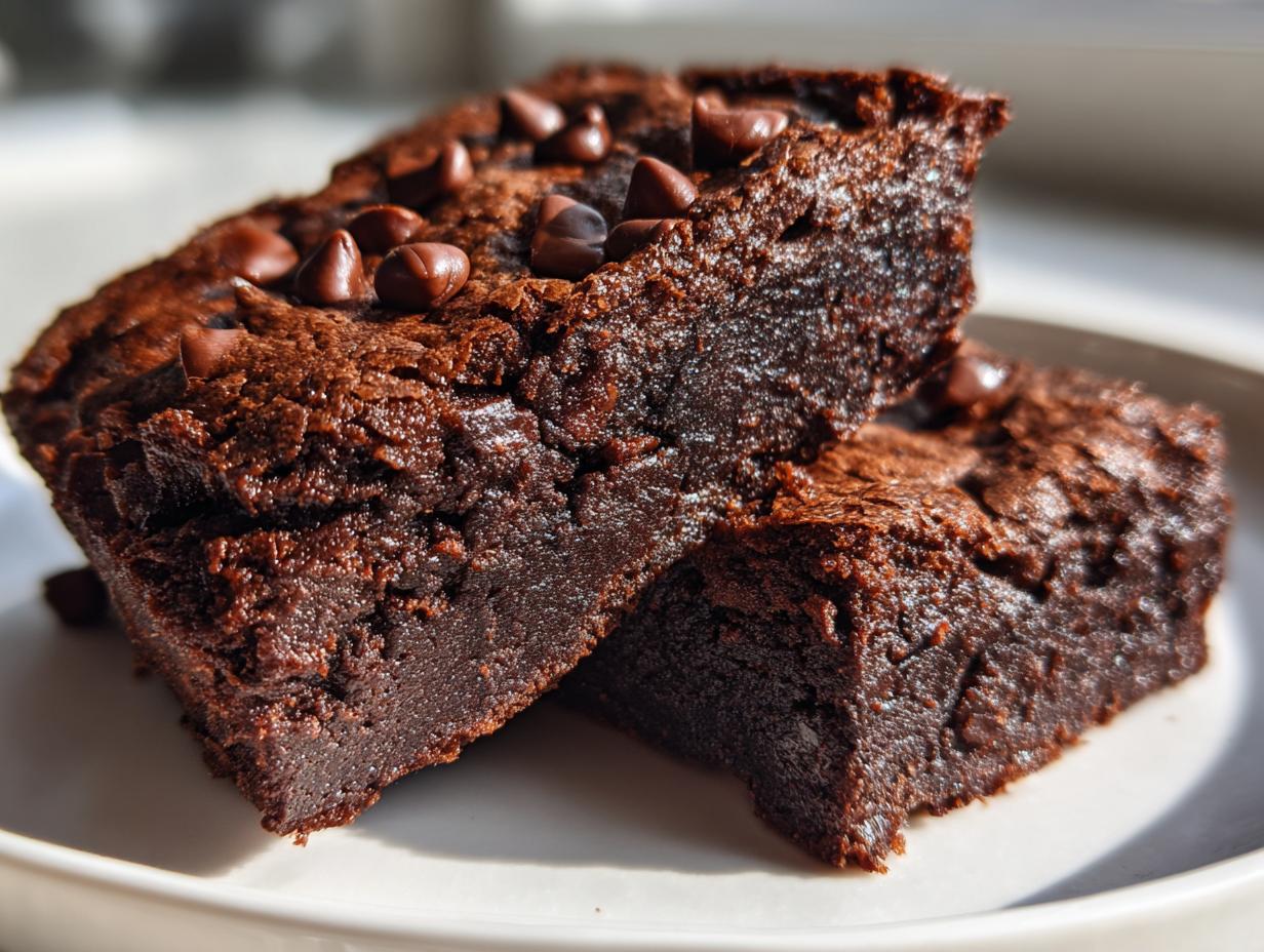 Two rich, fudgy sweet potato brownies stacked on a white plate, topped with chocolate chips.
