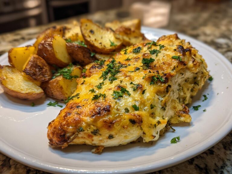 A baked chicken breast topped with melted cheese and herbs served next to roasted potatoes, showcasing the garlic parmesan chicken and potatoes.