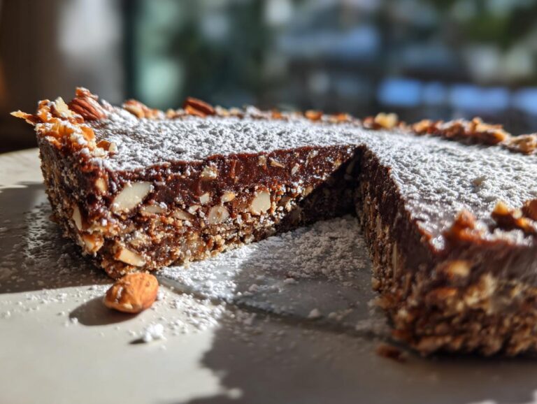 A slice removed from a rich German Chocolate Pie, dusted with powdered sugar and featuring a thick almond crust.
