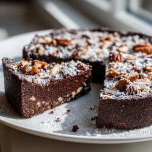 A slice of dense, dark German chocolate pie topped with pecans, almonds, and powdered sugar.