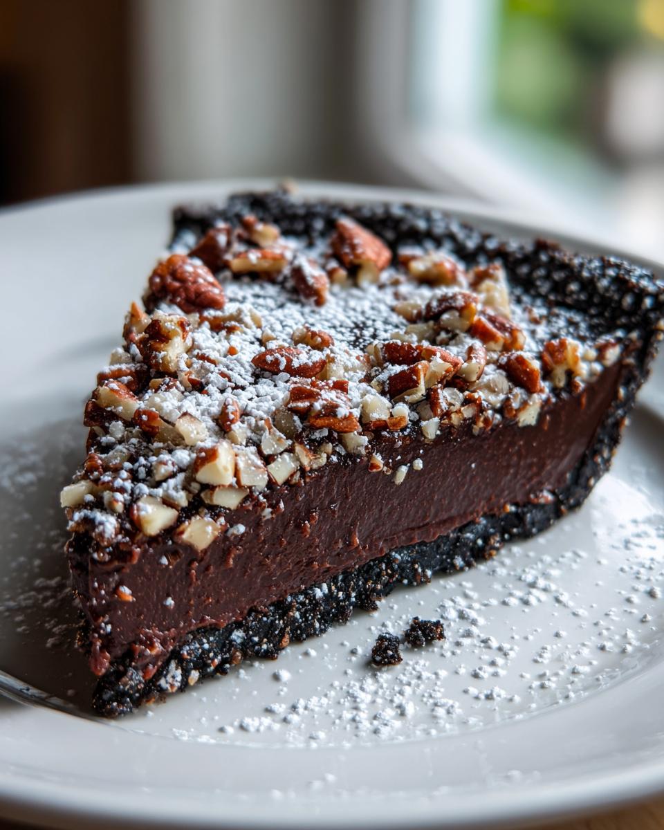 A close-up of a rich slice of German chocolate pie with a dark crust, topped with pecans and powdered sugar.