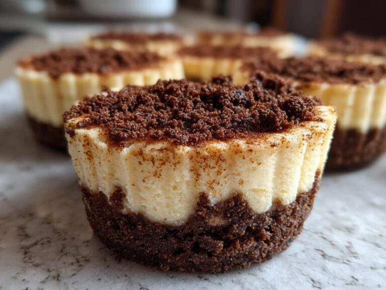 A close-up of one gingerbread cheesecake cup showing a dark crust, creamy filling, and rich crumb topping.