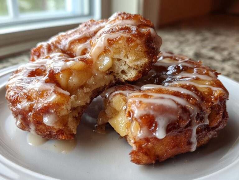 A close-up of two delicious baked apple fritters, broken open to show apple chunks, drizzled with white glaze.