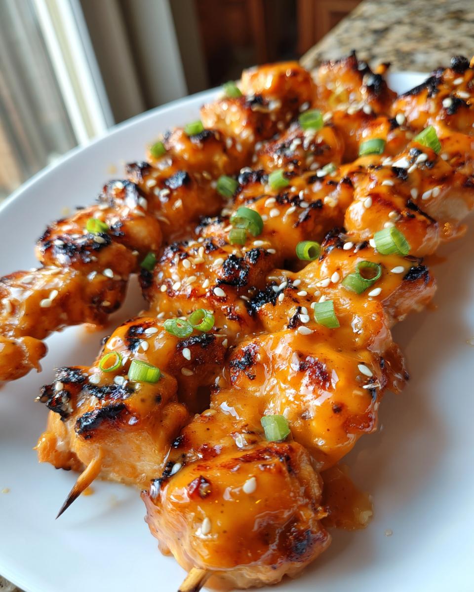 Close-up of several grilled bang bang chicken skewers coated in orange sauce, topped with sesame seeds and green onions.