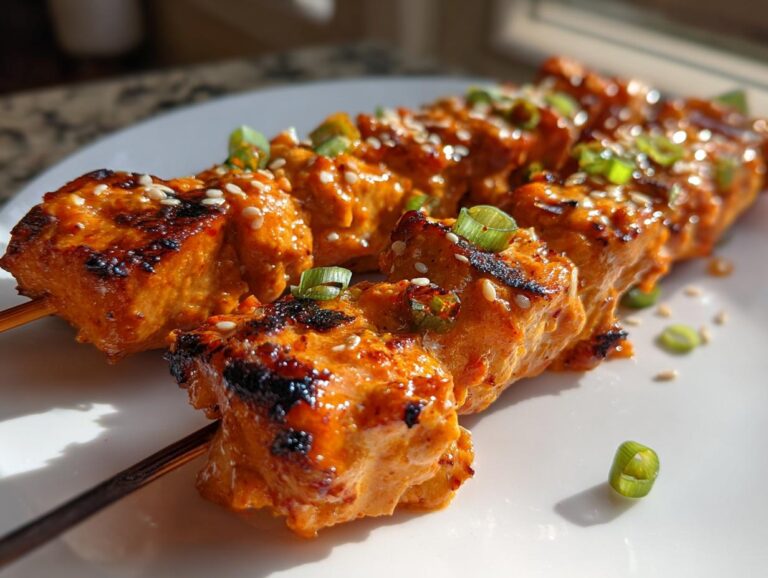 Close-up of grilled, orange-glazed bang bang chicken skewers garnished with sesame seeds and green onions.