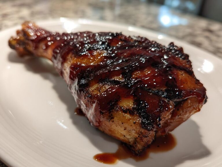 A close-up of a perfectly grilled Jamaican jerk chicken leg quarter covered in a thick, glossy, dark glaze.