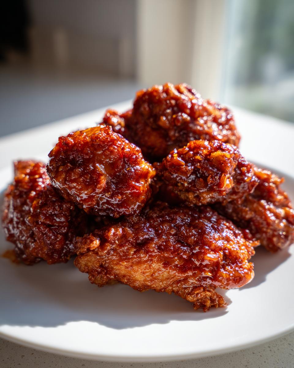 Close-up of crispy, glazed pieces of korean fried chicken recipe piled on a white plate.