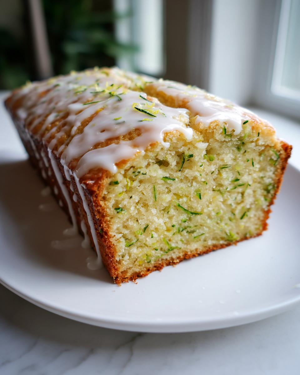 A moist loaf of lemon zucchini bread, drizzled with white glaze and topped with lemon zest.