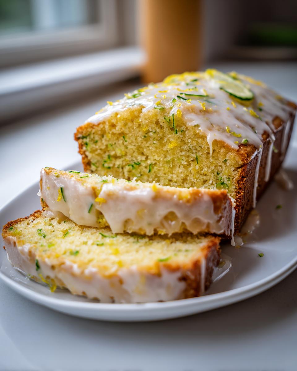 Two slices of moist lemon zucchini bread topped with thick white glaze and lemon zest.