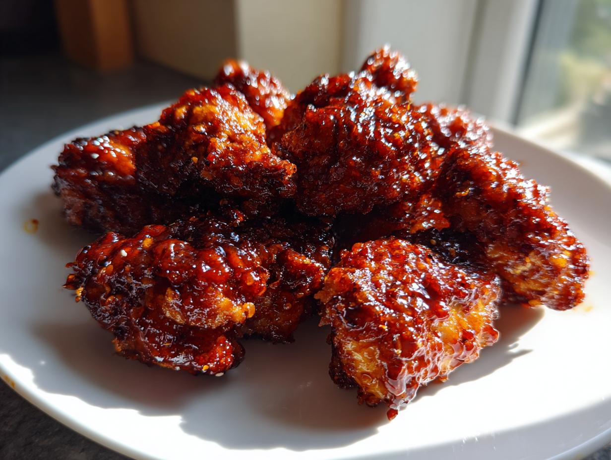 Close-up of crispy, glazed korean fried chicken recipe pieces piled on a white plate.