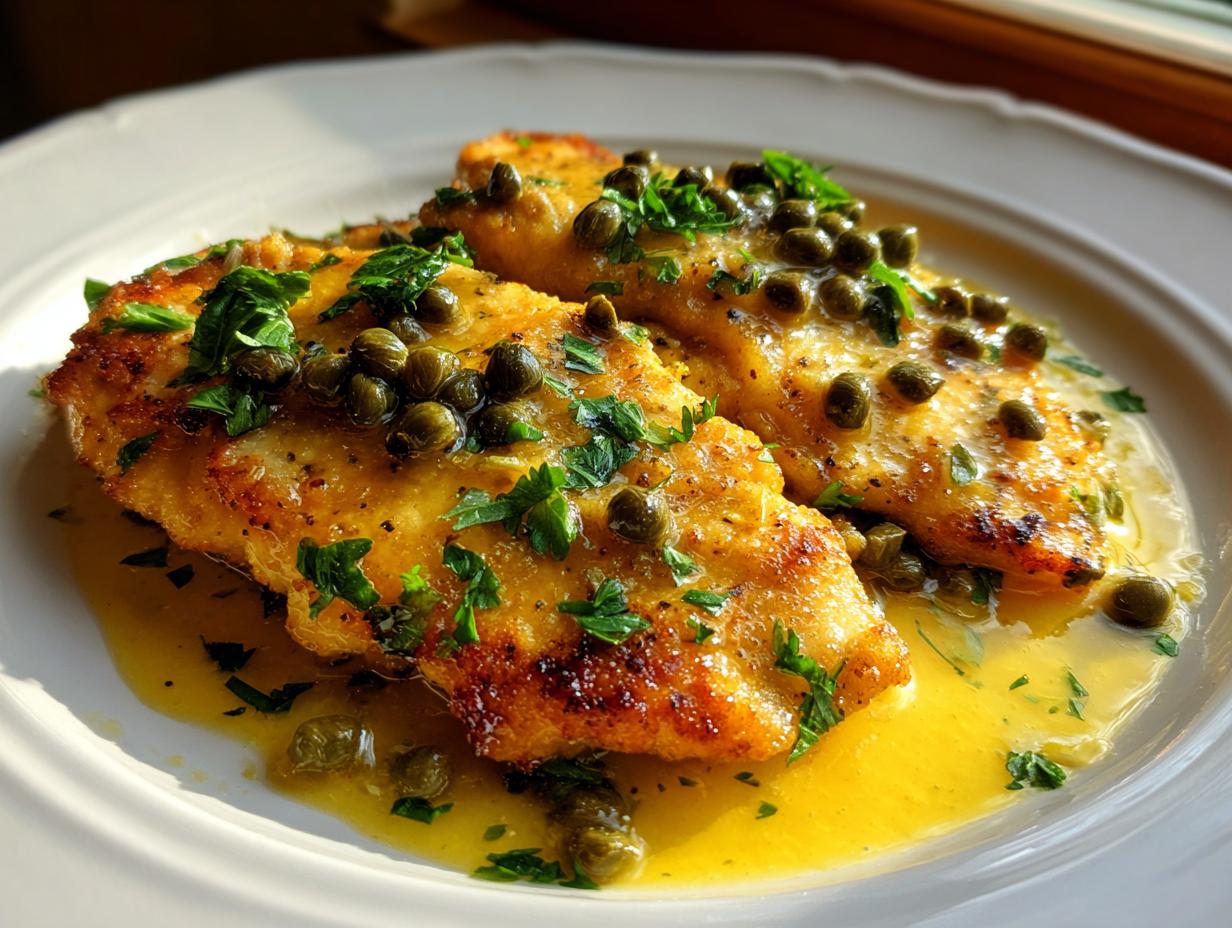 Two golden-brown fillets of chicken piccata topped generously with capers and fresh parsley in a bright lemon butter sauce.