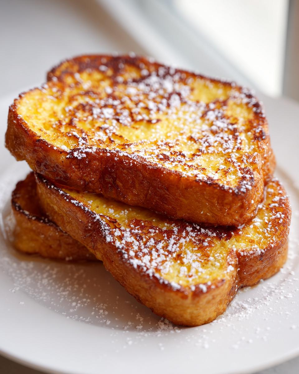 Close-up of a stack of three slices of perfectly cooked french toast dusted generously with powdered sugar.