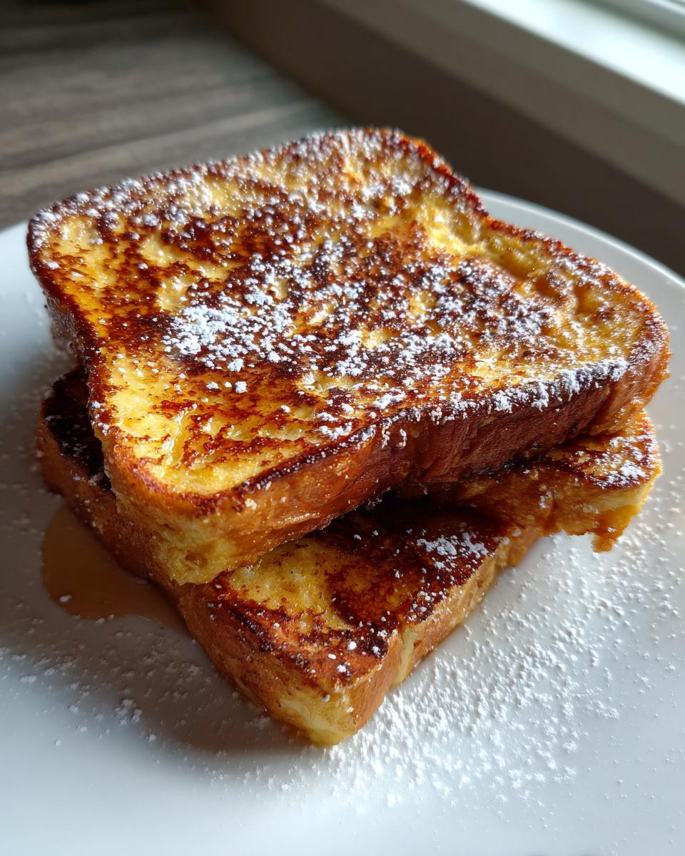 Close-up of two thick slices of golden brown french toast stacked and dusted heavily with powdered sugar.