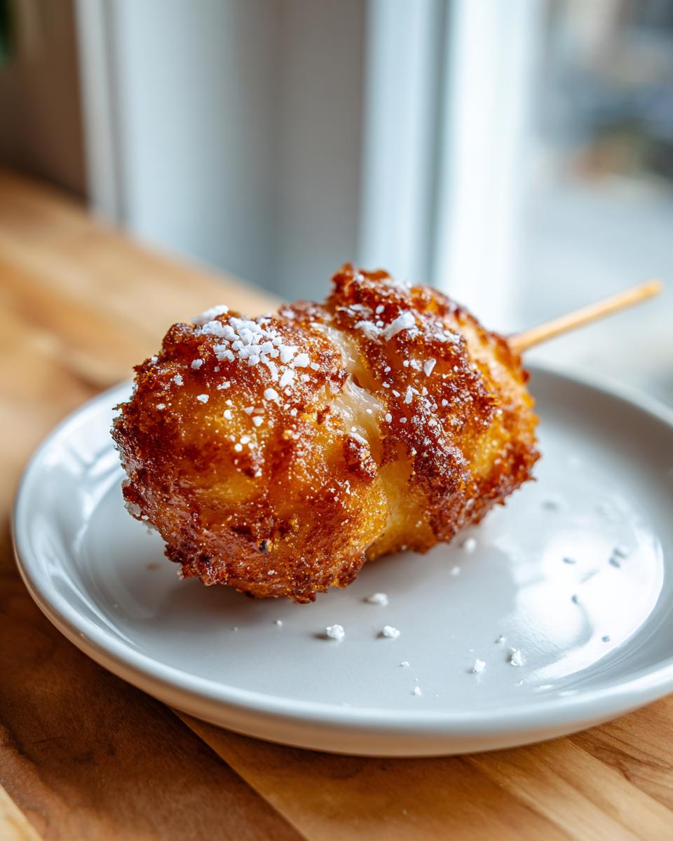 A freshly fried, golden brown korean corn dog dusted with white sugar on a small gray plate.