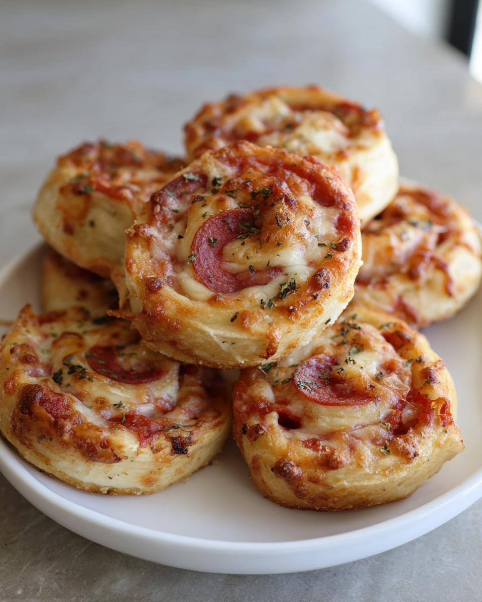 A stack of freshly baked pepperoni pizza pinwheels topped with melted cheese and herbs on a white plate.