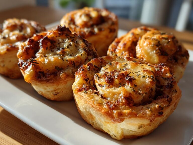 Close-up of several golden brown, cheesy sausage pinwheels baked in a muffin tin, sprinkled with herbs.