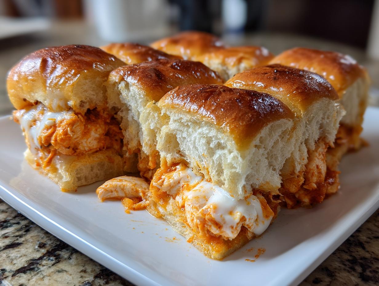 Close-up of gooey, cheesy buffalo chicken sliders baked in rolls, showing the shredded chicken filling.