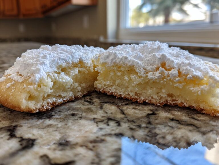 Close-up of a gooey butter cookies halved, showing the soft, gooey center and thick powdered sugar topping.