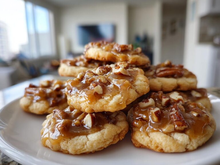 A close-up of several gooey pecan pie cookies topped with caramel and chopped pecans, stacked on a white plate.