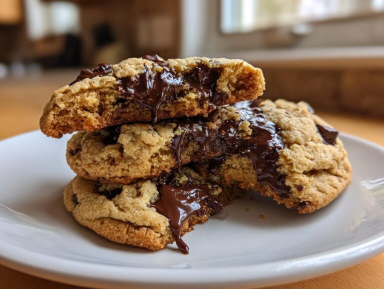 Stack of three gooey vegan chocolate chip cookies with melted chocolate oozing out.