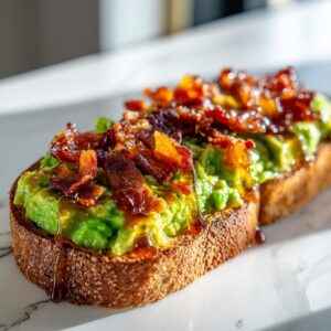 Close-up of gourmet avocado toast topped with crispy bacon pieces and a sweet glaze drizzle.