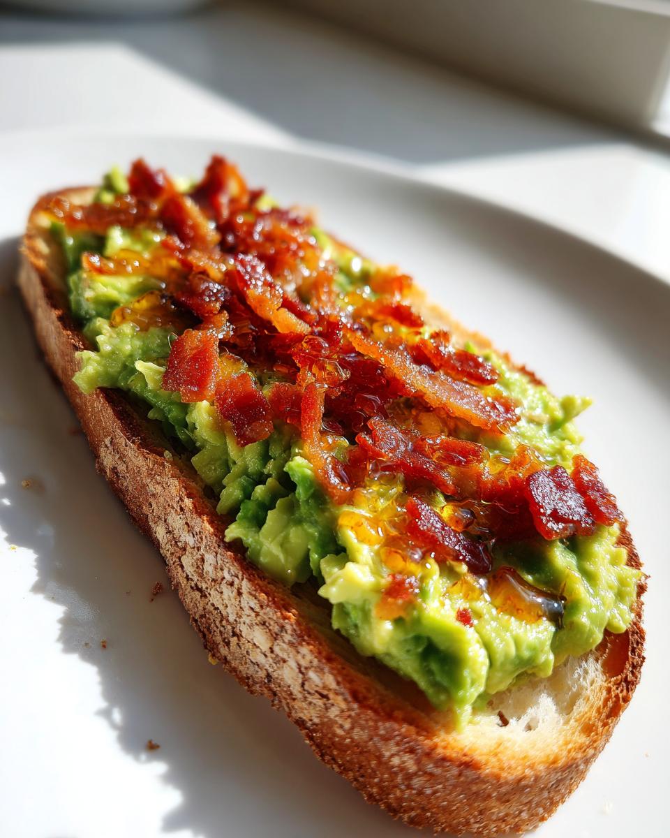 Close-up of gourmet avocado toast on crusty bread, topped with mashed avocado, crispy bacon, and a honey glaze.