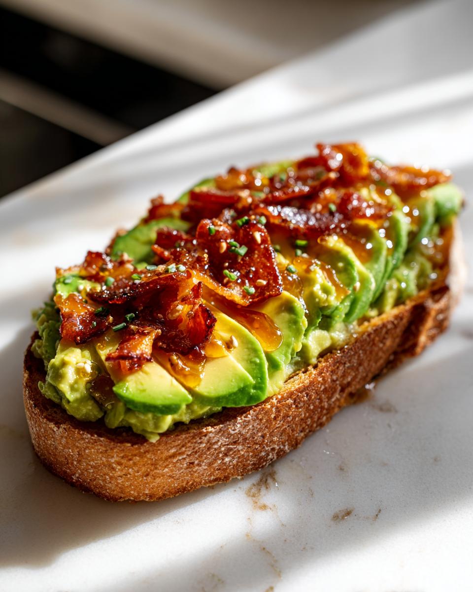 Close-up of gourmet avocado toast featuring sliced avocado, crispy bacon, and a honey drizzle on toasted bread.
