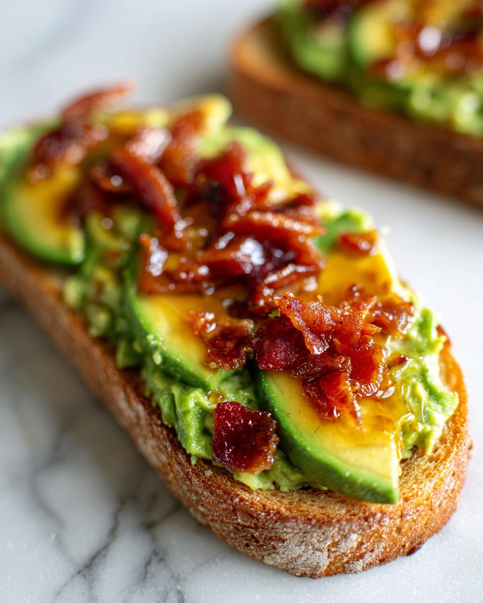 Close-up of gourmet avocado toast topped with sliced avocado, mashed avocado, candied bacon, and honey.