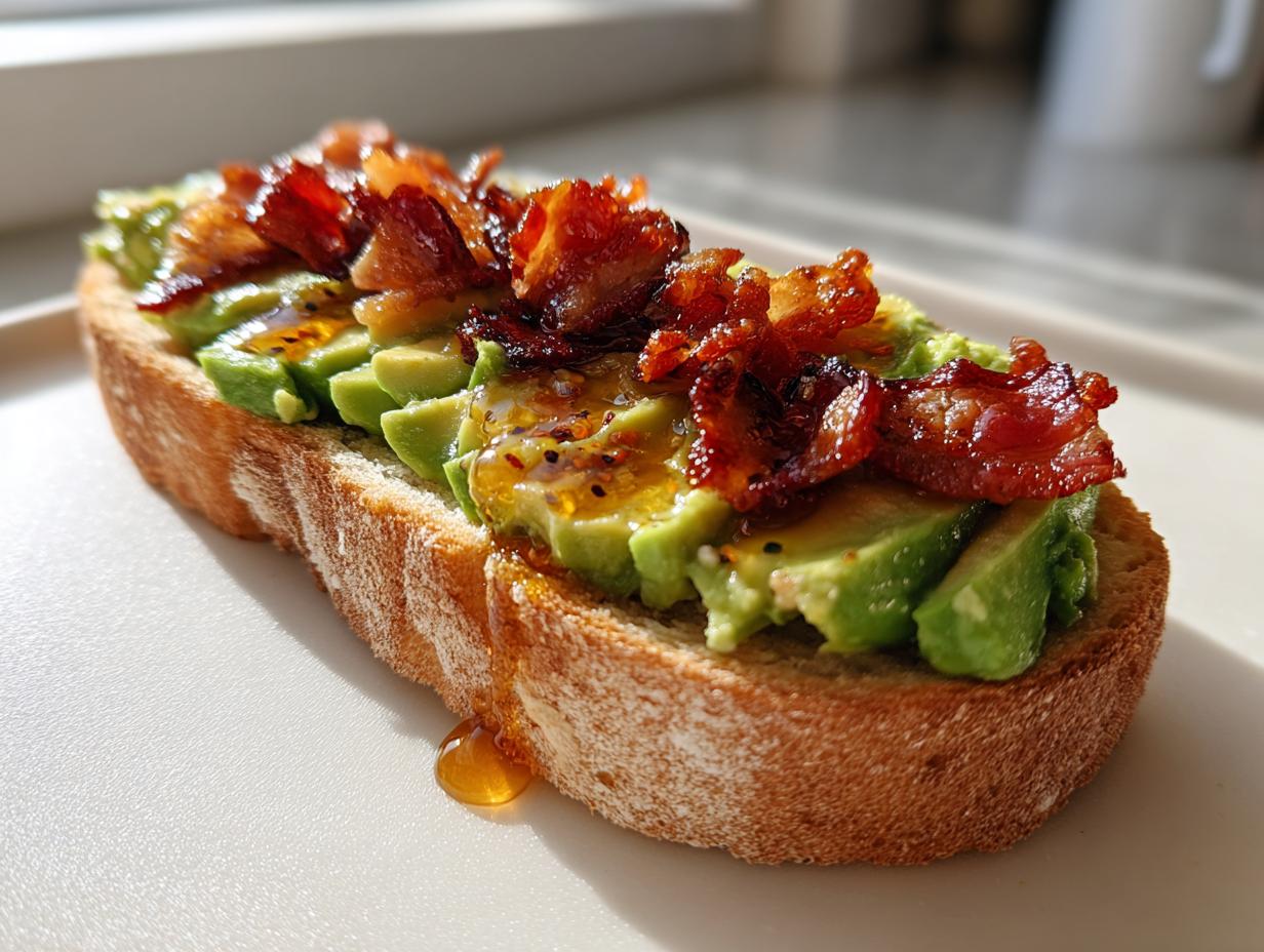 Close-up of gourmet avocado toast topped with sliced avocado, crispy bacon, and a honey drizzle.