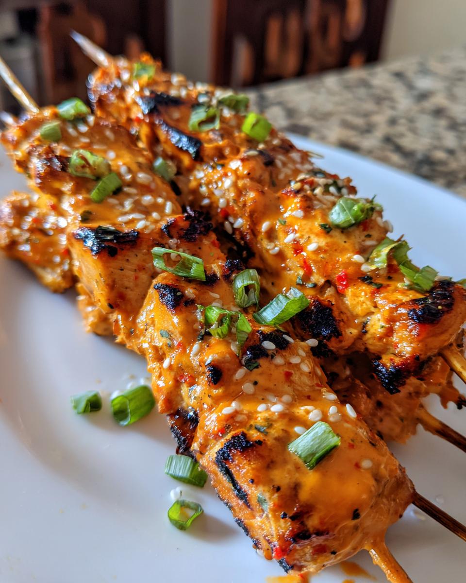 Close-up of grilled bang bang chicken skewers coated in orange sauce, topped with sesame seeds and green onions.