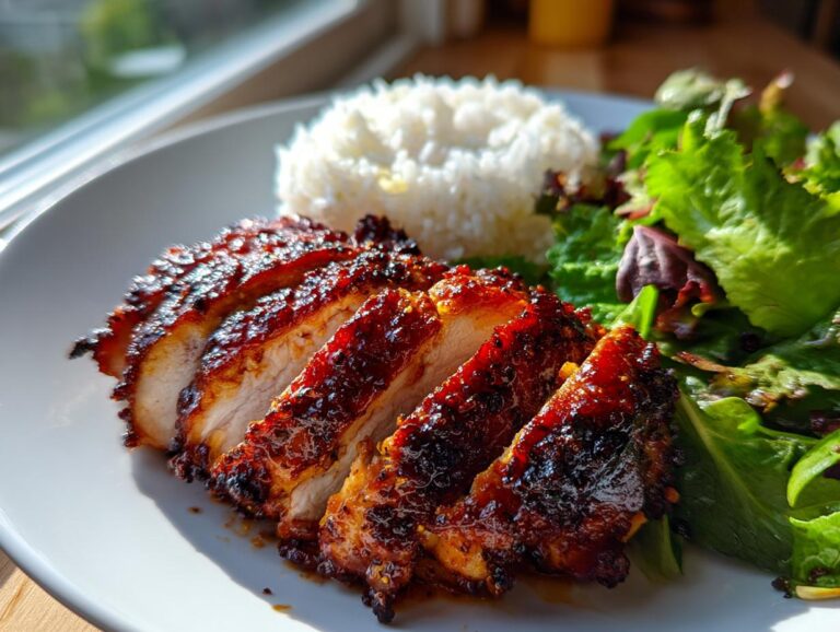 Slices of beautifully glazed, spicy harissa chicken served alongside white rice and fresh green salad.