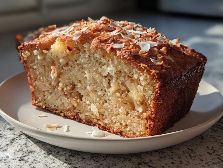 A close-up of a thick slice of moist hawaiian banana bread topped with toasted coconut flakes.