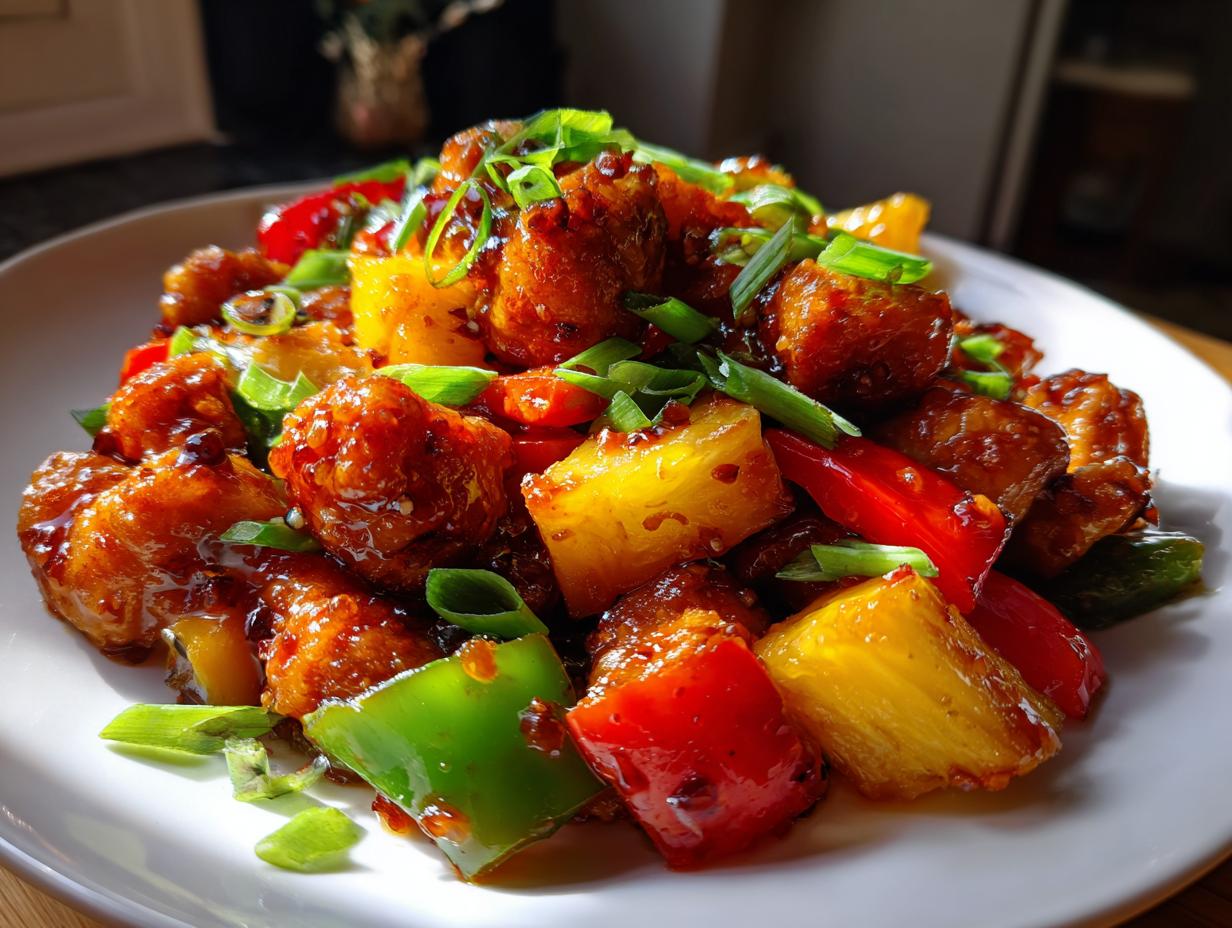 Close-up of glazed Hawaiian chicken pieces mixed with pineapple chunks, red and green bell peppers, and green onions.