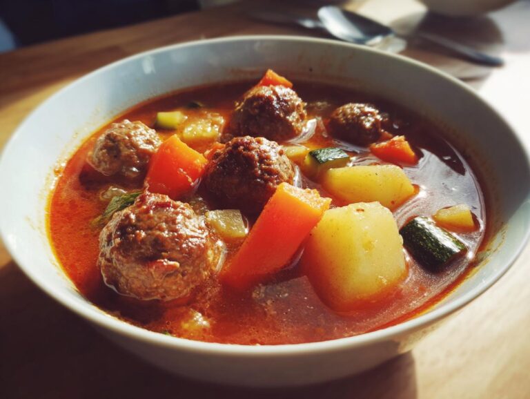 Close-up of a white bowl filled with rich, red albondigas soup featuring meatballs, potatoes, carrots, and zucchini.