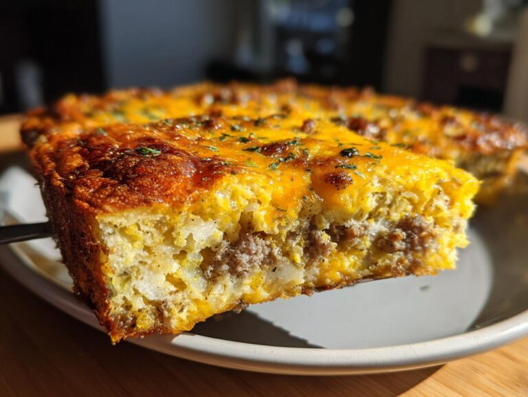 A thick slice of hearty christmas breakfast casserole being lifted, showing layers of egg, sausage, and melted cheddar cheese.