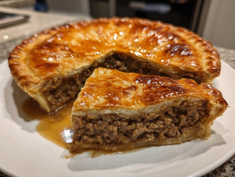 A golden, flaky crust meat pie with a slice cut out, revealing a rich, savory ground meat filling.