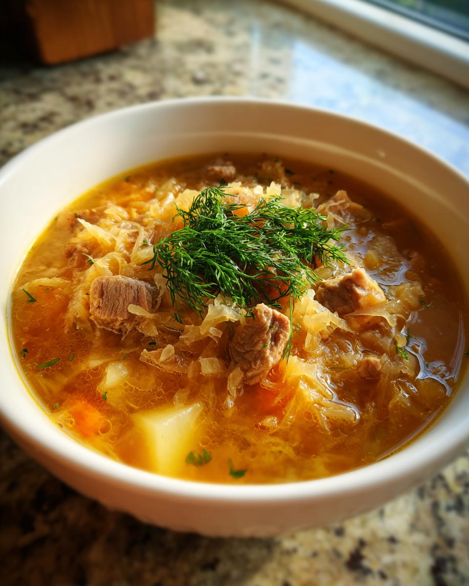 Close-up of a steaming white bowl filled with rich sauerkraut soup, featuring chunks of meat, potatoes, and topped with fresh dill.