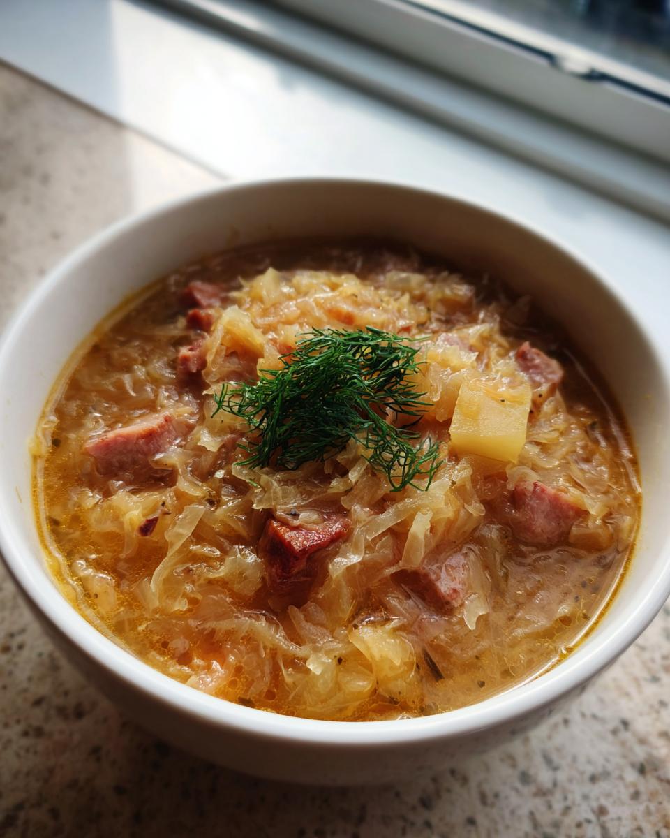 Close-up of a white bowl filled with rich sauerkraut soup, featuring shredded cabbage, chunks of smoked meat, and topped with fresh dill.